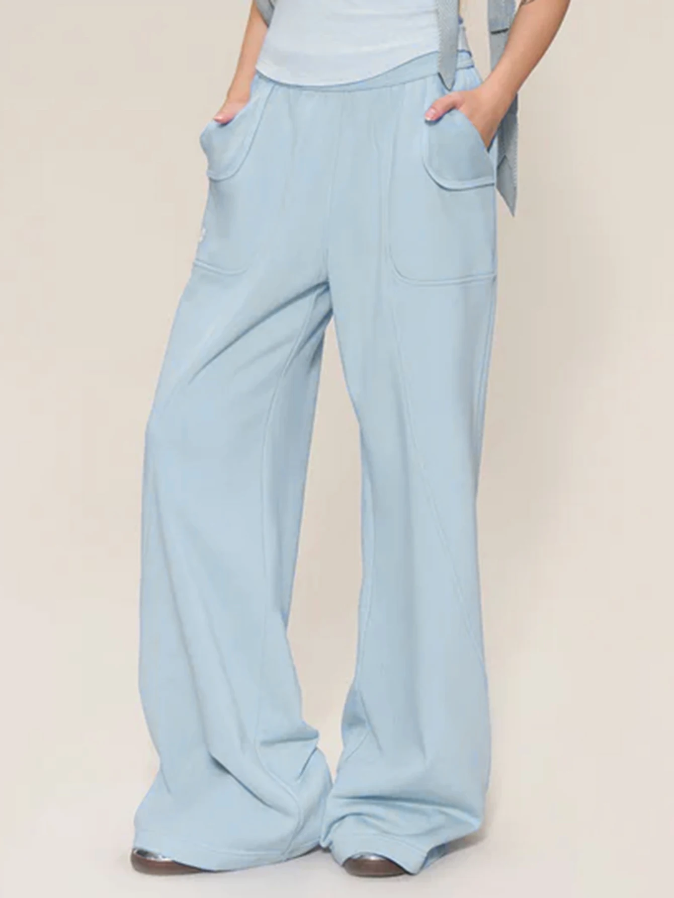 Women's Casual Pants Solid Drawstring Wide Leg Pants, Casual Elastic Waist Slant Pocket Pants For Spring & Summer Daily Clothing