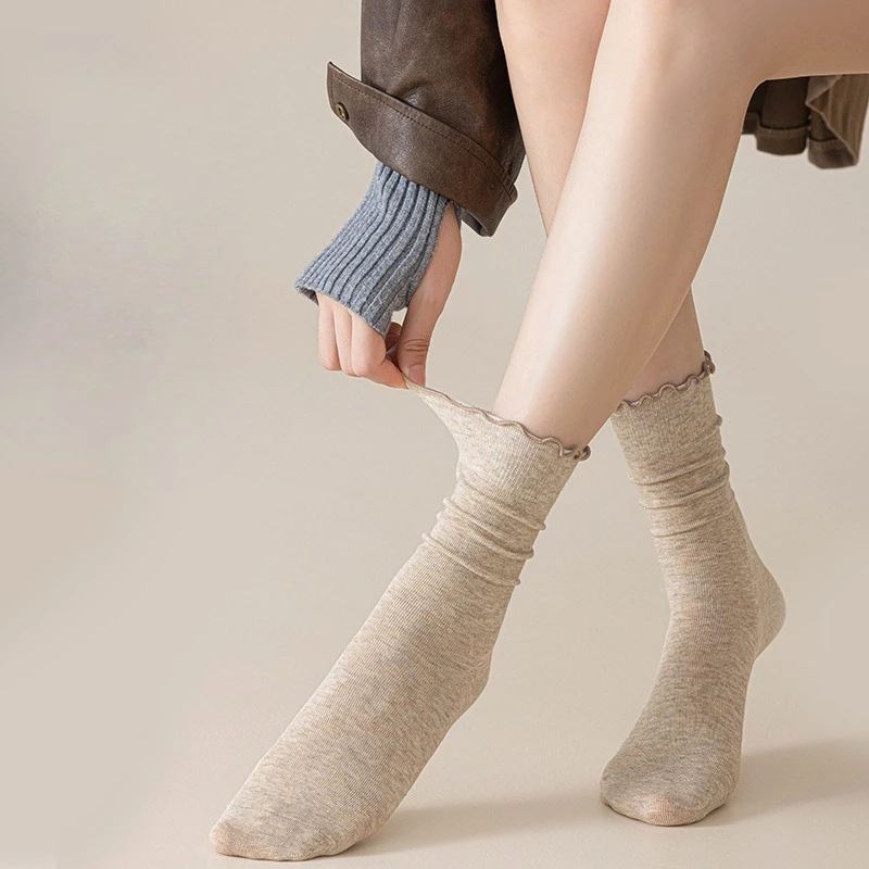 1/6 Pairs Wood Ear Edge Socks Solid Color Cotton Yarn Medium Tube Socks Four Seasons Boneless Stacking Socks Curling Stockings