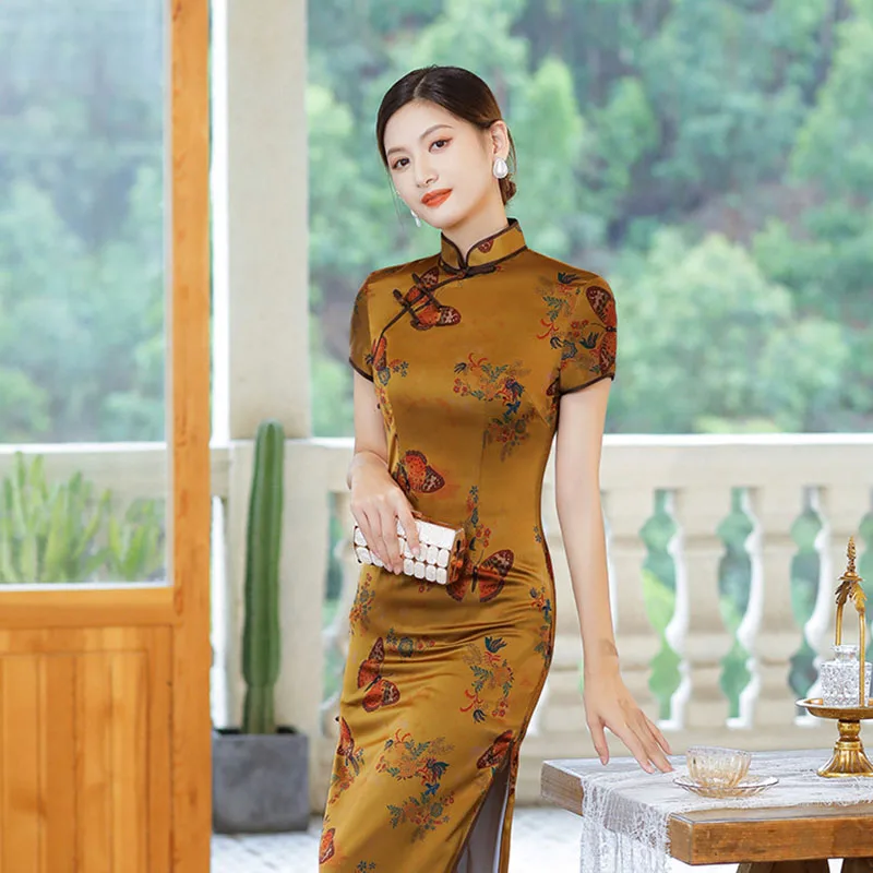 

5 Colors Silk Cheongsam Short Sleeve Vintage Floral Dress Female Women Chinese Traditional Qipao Lined Costume M To 4XL