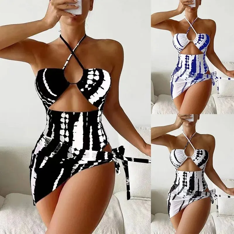 2024 New Digital Printed Women's Sexy One Piece Neck Hanging Triangle Mesh Three Piece Set with Hollow Out Swimsuit