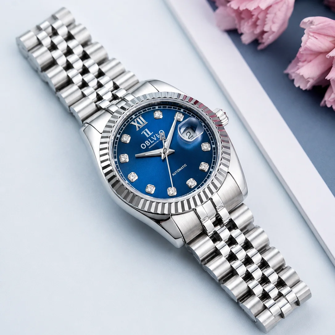 OBLVLO Blue Dial Ladies Dress Watch - Stone Markers Swiss Quartz Movement Elegant Couple Watch for Women with Bracelet RX-AX