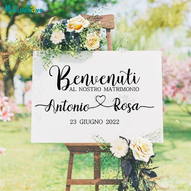 Italian Benvenuti Welcome To Our Wedding Heart Design Decal Wedding Reception Party Sign Welcome Removable Vinyl Stickers BE005