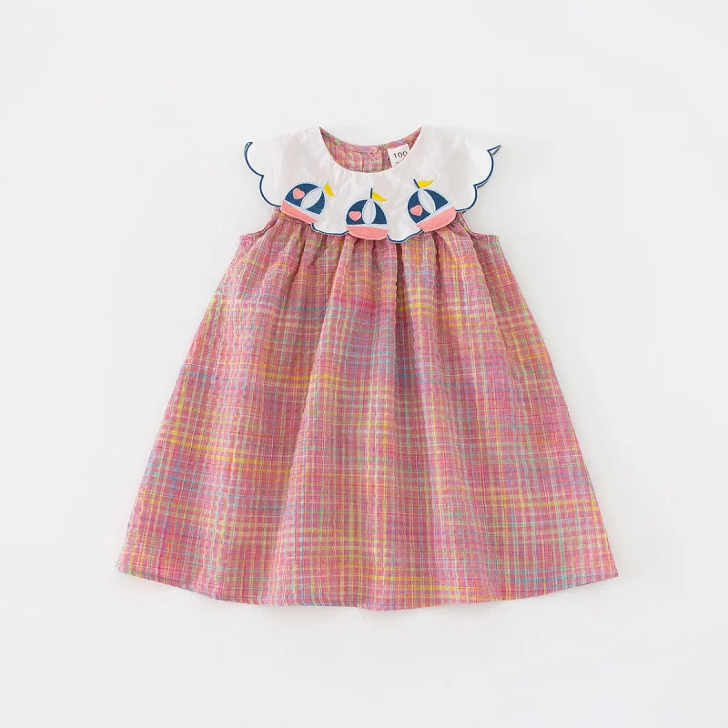 Rainbow Plaid Sailboat Navy Style Girl Dress 2024 Summer New Preppy Style Sweet Sleeveless