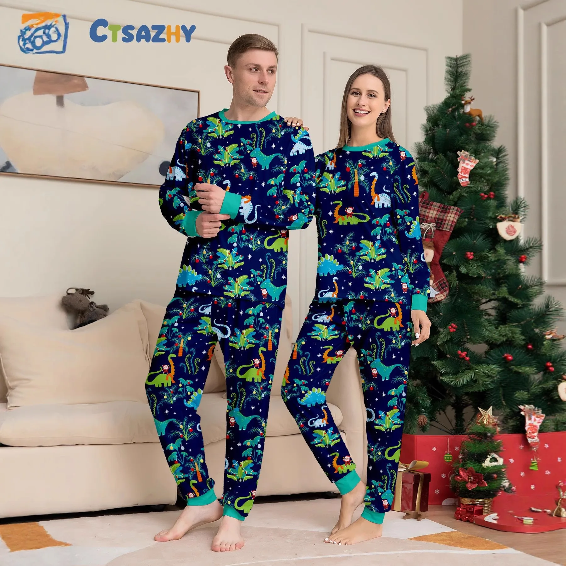 A family of boys, girls babies and dogs with printed flowers European dinosaur Christmas parent-child pajamas and home wear
