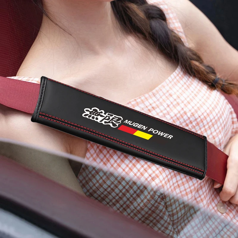 2Pcs Mugen Logo Nappa Leather Safety Belt Shoulder Covers Protection Car Accessories For Mugen Power Civic Accord CRV Hrv Jazz