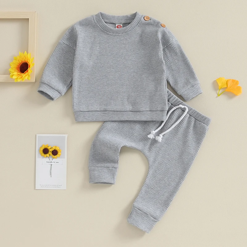 2023-09-04 Lioraitiin 0-24M Infant Baby Boys Girls Waffle Fall Outfits Solid Color Long Sleeve Sweatshirt Tops Pants Clothes Set