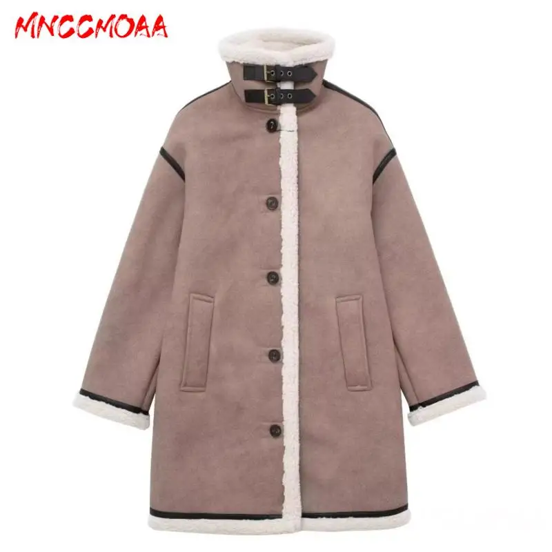 

MNCCMOAA-Women's Double Sided Faux Suede Jacket, Warm Lamb Coat, Casual Long Sleeved Pockets Outwear, Female Fashion Winter 2024