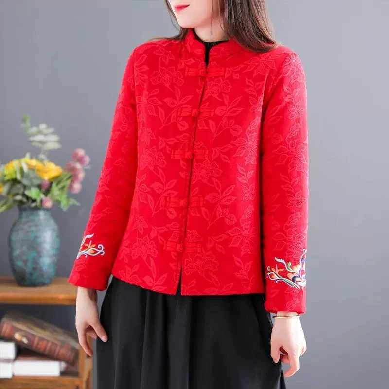 

Chinese Traditional Tang Suit Cotton Coat for Women Winter Warm Embroidered Jacquard Short Jacket Vintage Ethnic Style Outerwear