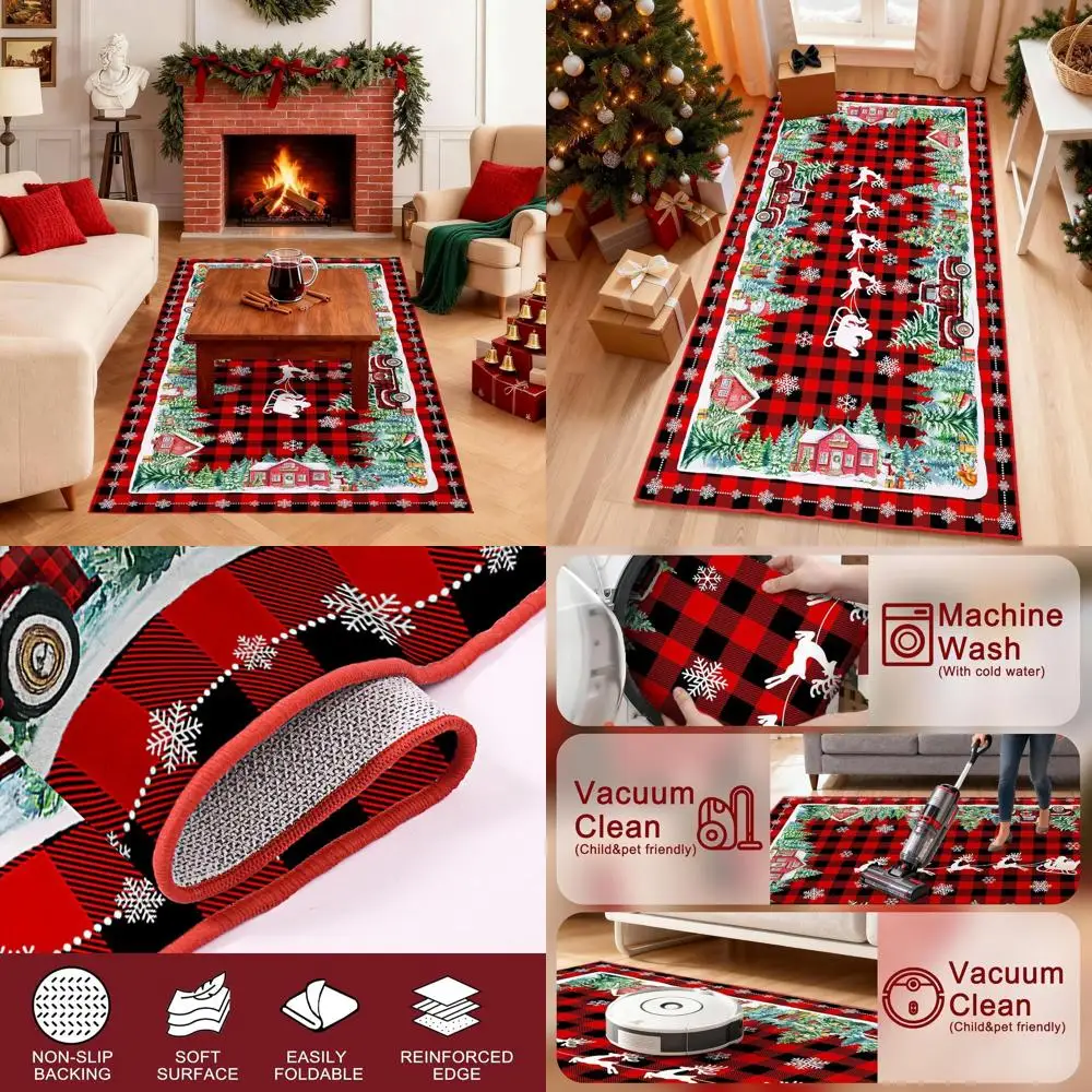 

3x5 Red Plaid Christmas Rug - Washable, Non-Slip, Low Pile for Holiday Home Decor