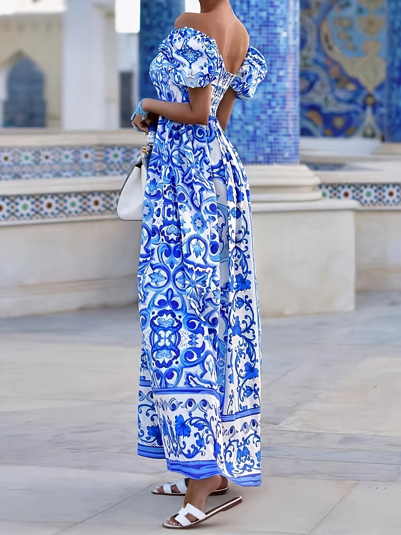 Plus-size all-over printed dress with a two-way wear option; elegant off-shoulder style for women