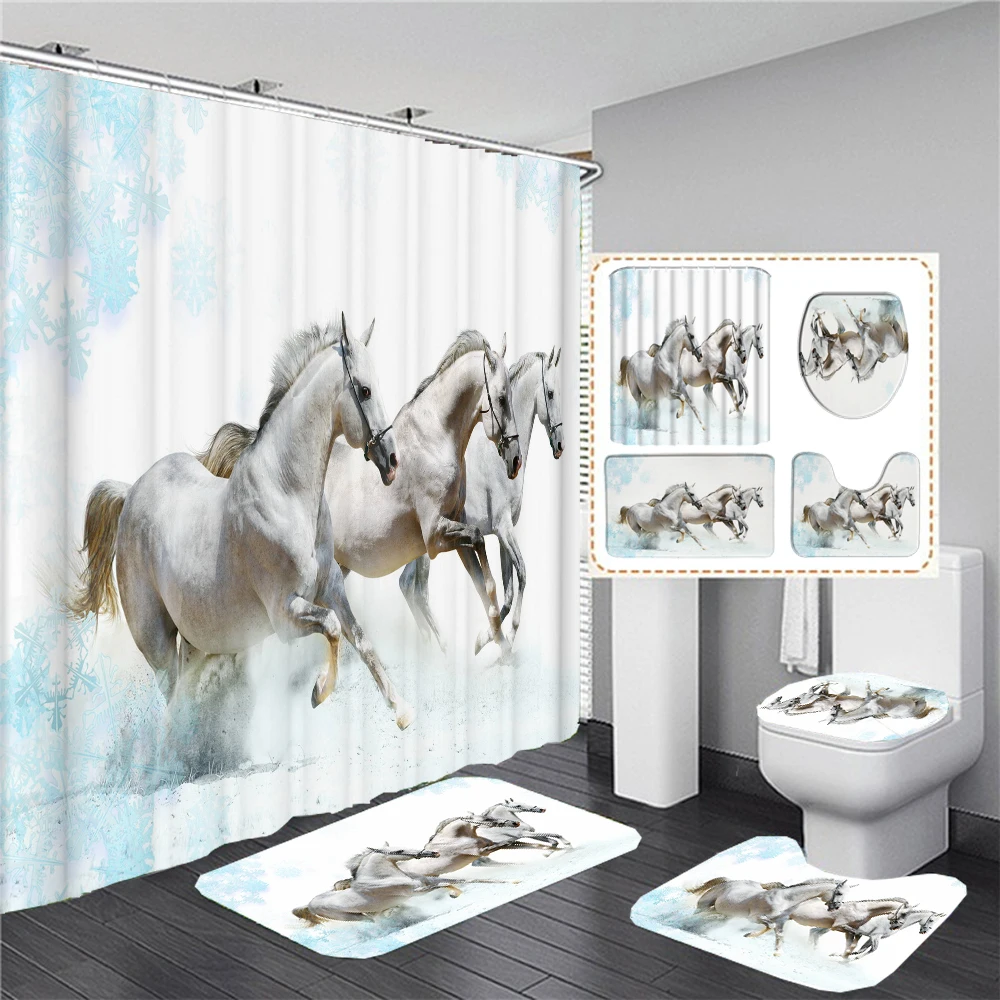 Animals Horse 3D Printing Waterproof Fabric Shower Curtains Set Bathroom Curtain Toilet Cover Bath Mat Non Slip Rug Home Decor