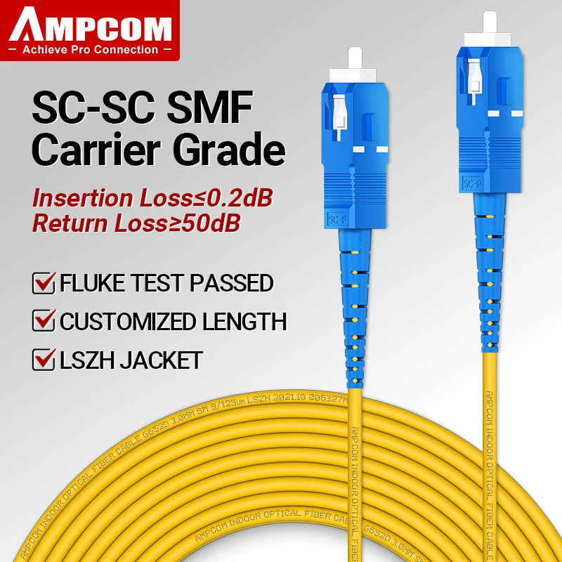 Волоконно-оптический кабель AMPCOM SC UPC Simplex, одномодовый оптоволоконный патч-кабель SMF 9/125 мкм, одномодовый изогнутый изоляционный кабель