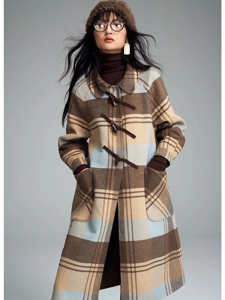 

Винтажное художественное пальто TINNTINN из длинной шерсти в клетку с воротником «кукла», женская верхняя одежда, милое, на одной пуговице, стандартный крой рукавов