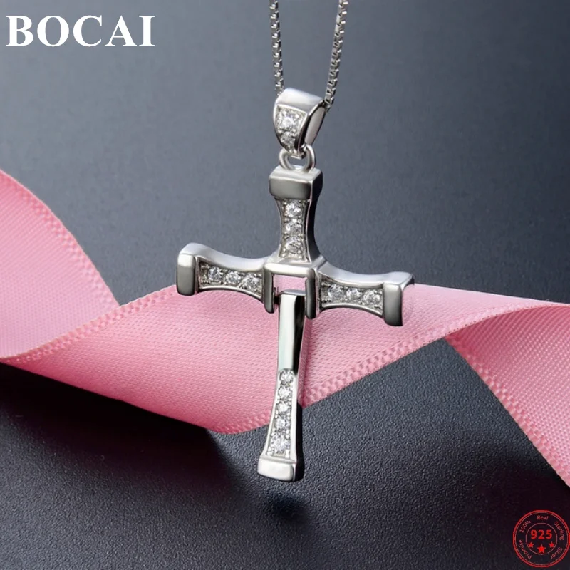 BOCAI S925 Sterling Silver Pendants for Women Men New Fashion Inlaid Zircon Cross Creative Punk Jewelry Amulet