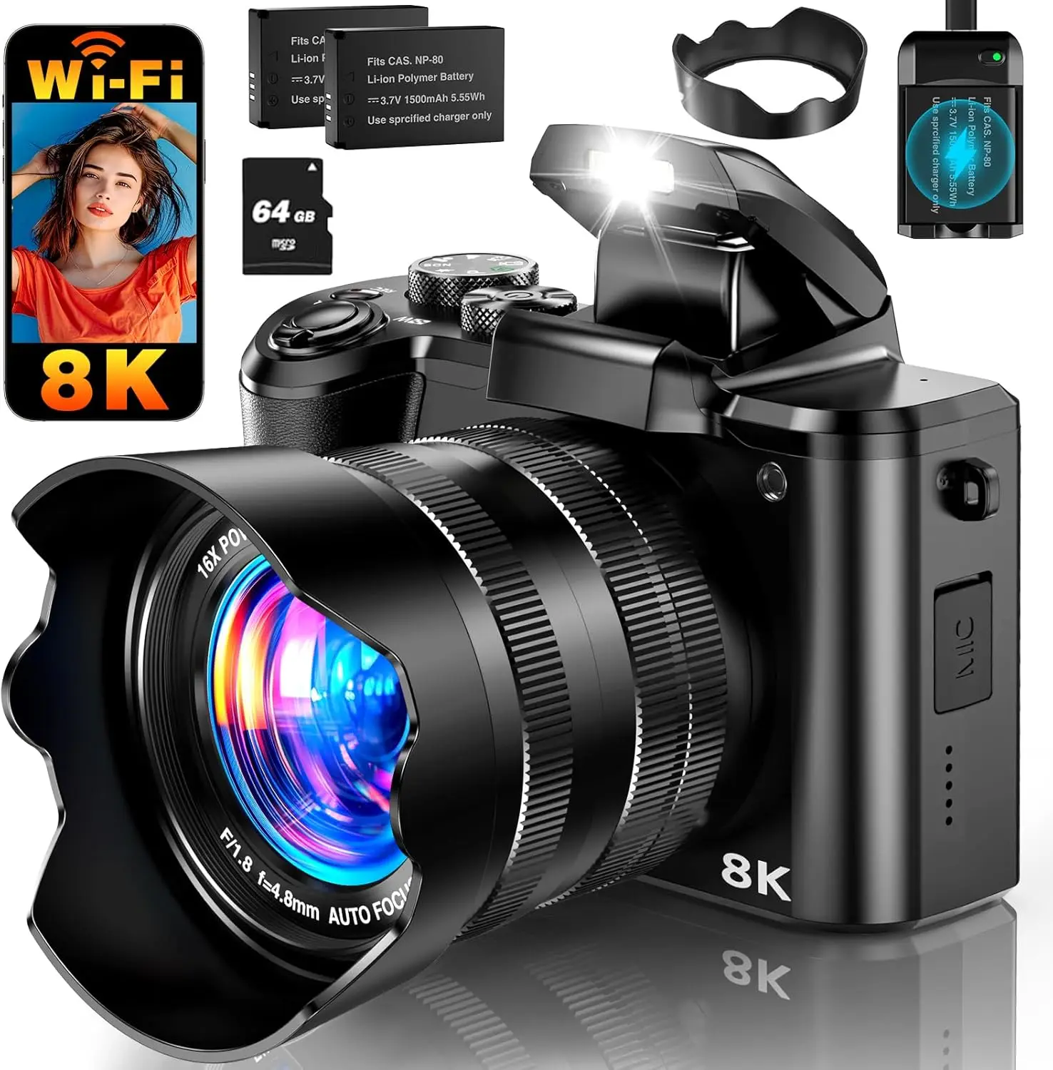 

Цифровая камера 8K с разрешением 88 МП, Wi-Fi, 3,2-дюймовым сенсорным экраном, 16-кратным зумом, автофокусом, стабилизацией изображения, в комплекте с аксессуарами