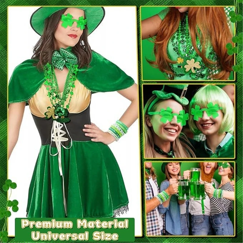 Zestaw akcesoriów do przebierania się na dzień Świętego Patryka Party Favor Shamrock okulary naszyjnik Shamrock naklejki DXAA
