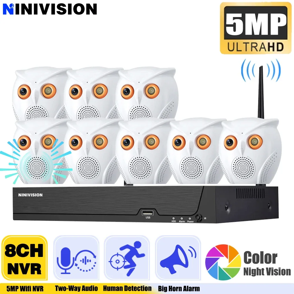 8CH ICSee WiFi Security Camera Smart Home 5MP Wireless IP Camera System Color Night Vision Smart Wi-Fi Baby Monitor Owl Shape