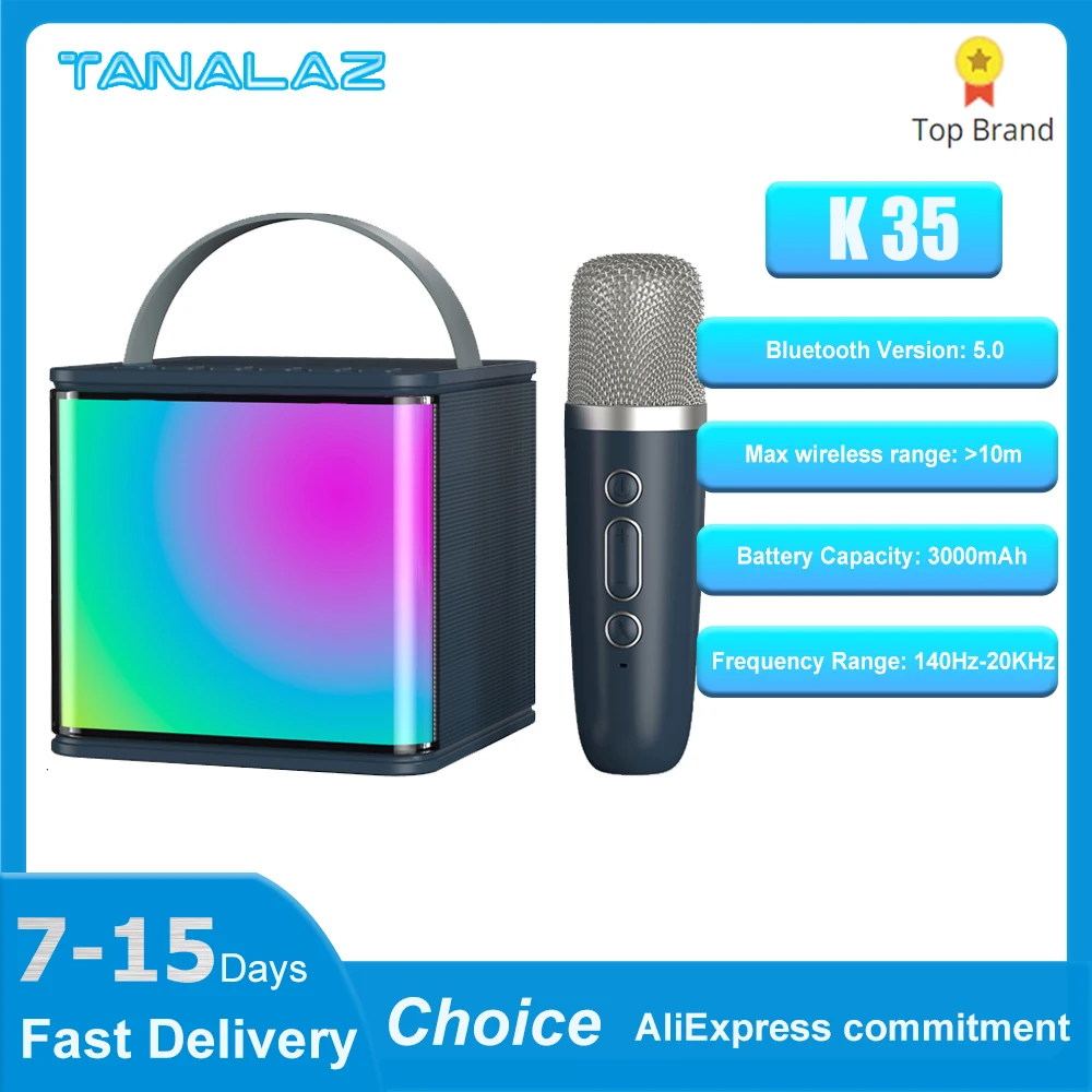 TANALAZ K35 Karaoke Machine Portable PA Speaker System 3000mAh Battery Wireless Microphone Colorful LED Light Singings for Home