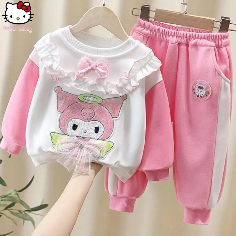 

Детский осенний комплект с капюшоном Hello Kitty Kuromi из хлопка с мультяшным рисунком Kawaii для девочек, повседневный комплект из двух предметов с длинными рукавами