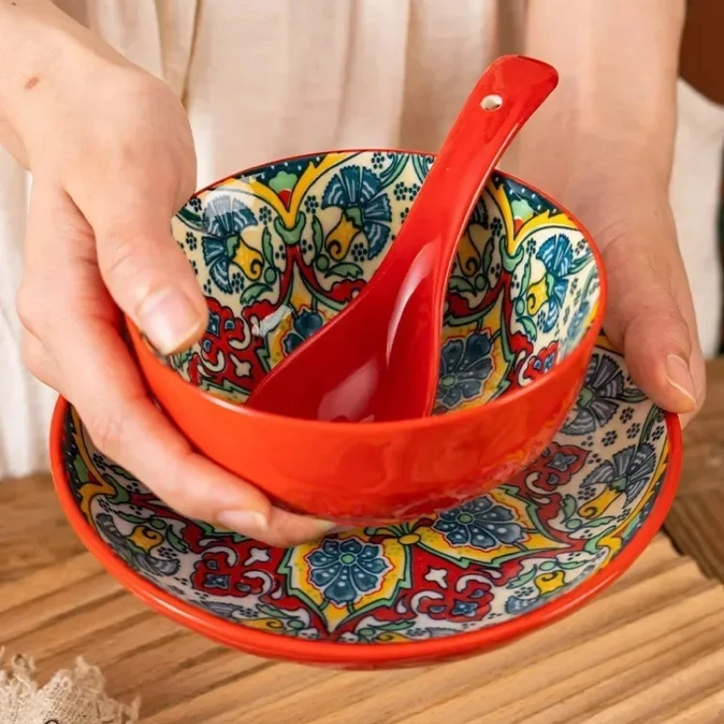 Ceramic Tableware Set Three-Piece Household Rice Bowl Plate Spoon Set Restaurant Hot Pot Barbecue Shop Commercial