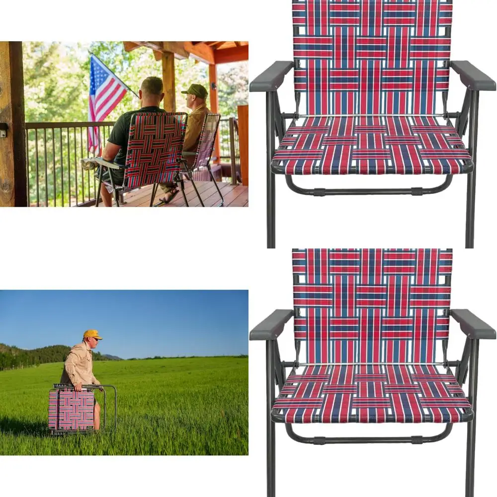 Retro Webbed Camping Chair - Lightweight, Foldable, Durable Steel Frame, 300lb Capacity, Vintage Red/Blue Stripes by Caddis Spor