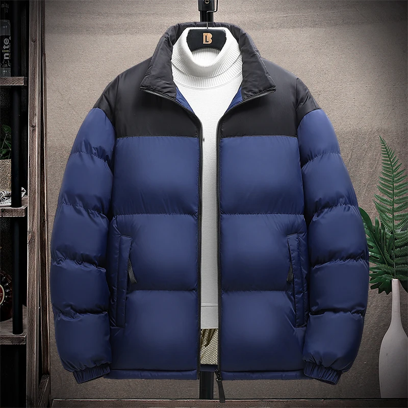 Parka invernale da uomo color block alla moda, colletto alla coreana, giacche in cotone maschile antivento, abbigliamento da uomo caldo addensato di alta qualità
