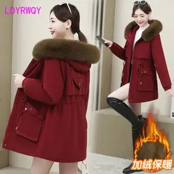 Women's plush thickened 2022 new winter cotton coat, medium length cotton coat, waist collar