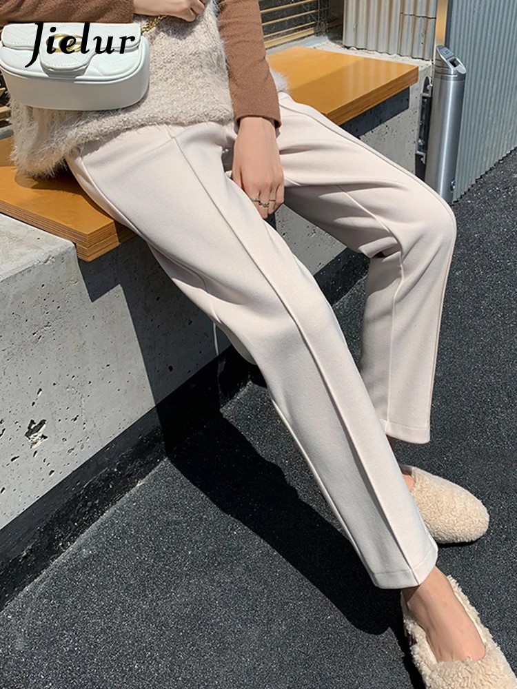 Jielur Beige Oatmeal Woolen Harem Pants for Women Korean New Autumn Winter Slim Black Capris Simple Casual Pants Female S-XXL