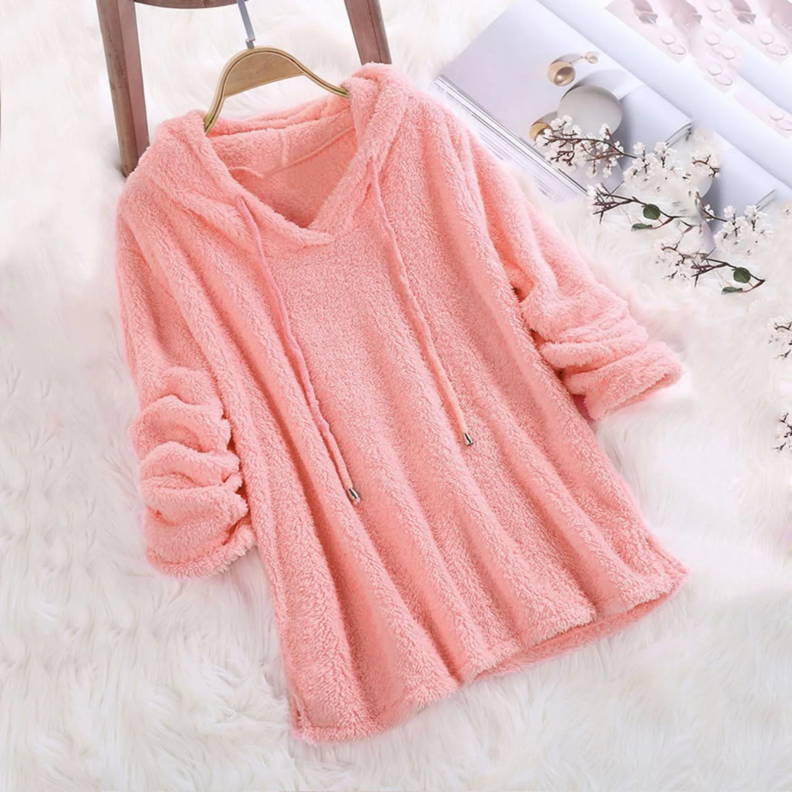 2024 Warm Solid Fluffy Flannel Pullover Pajama Loose Hooded Sweatshirts Top Korean New Women Long Sleeve Plush Hoodies Lady