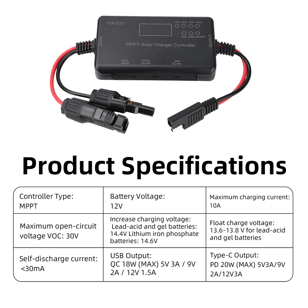 12V 10A MPPT Solarpanel-Laderegler mit Typ-C- und USB-Ausgang, entwickelt für AGM- und LiFePO4-Batterien – Detail 11