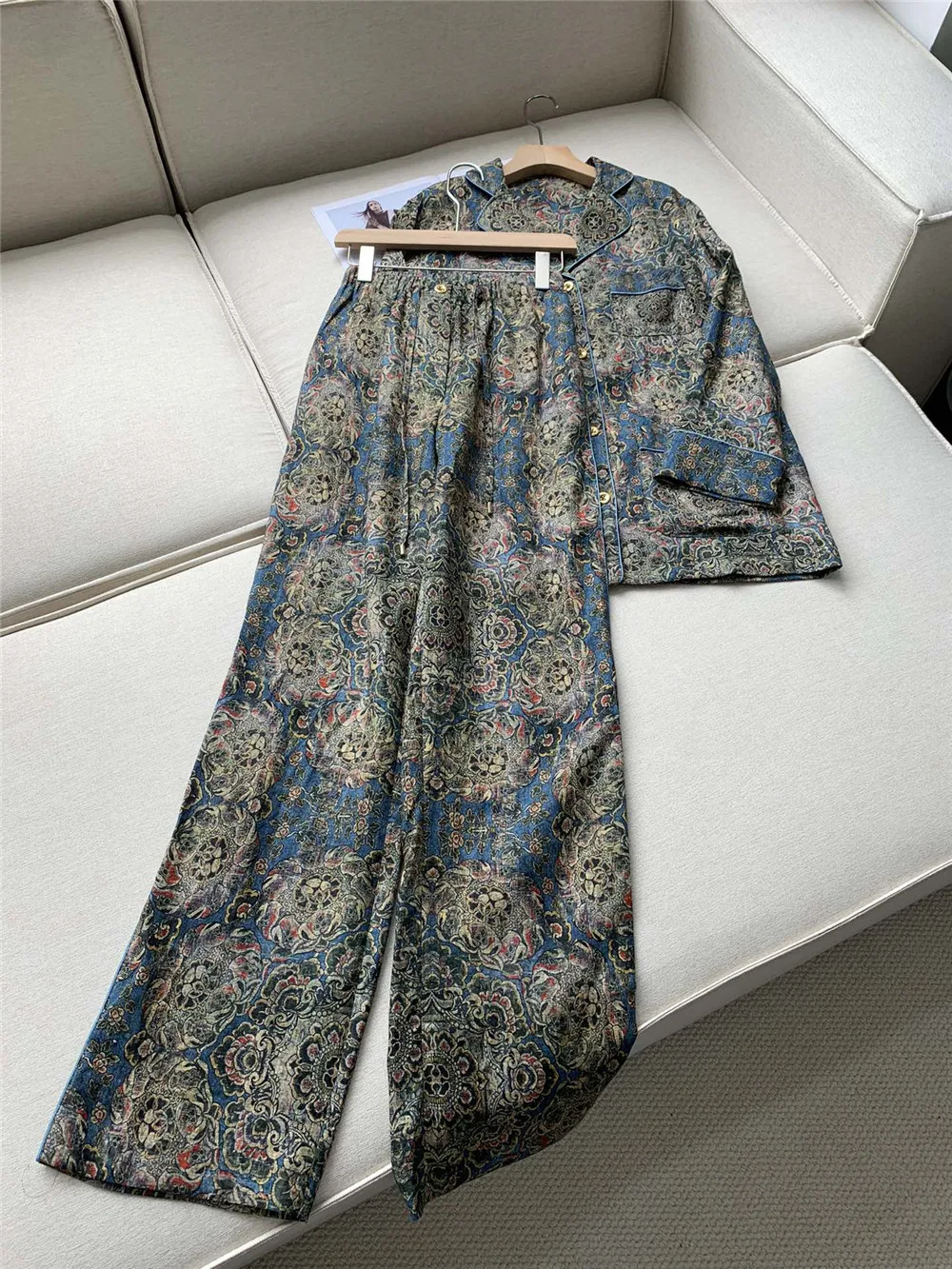 L*P Women Linen Pant Suit Printed Shirts+High Waist Straight Leg Wide Leg Pants  2 Piece Set High Quality