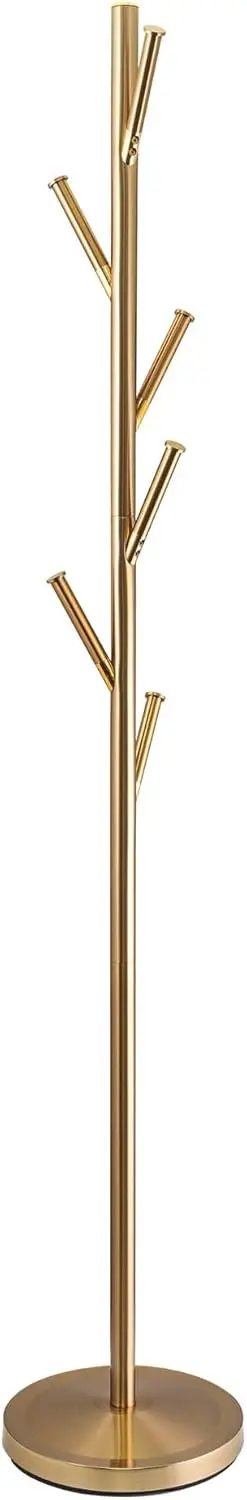 Addison 68" Modern 6 Hook Free Standing Metal Coat Rack, Weighted Base, Cool Brass Finish