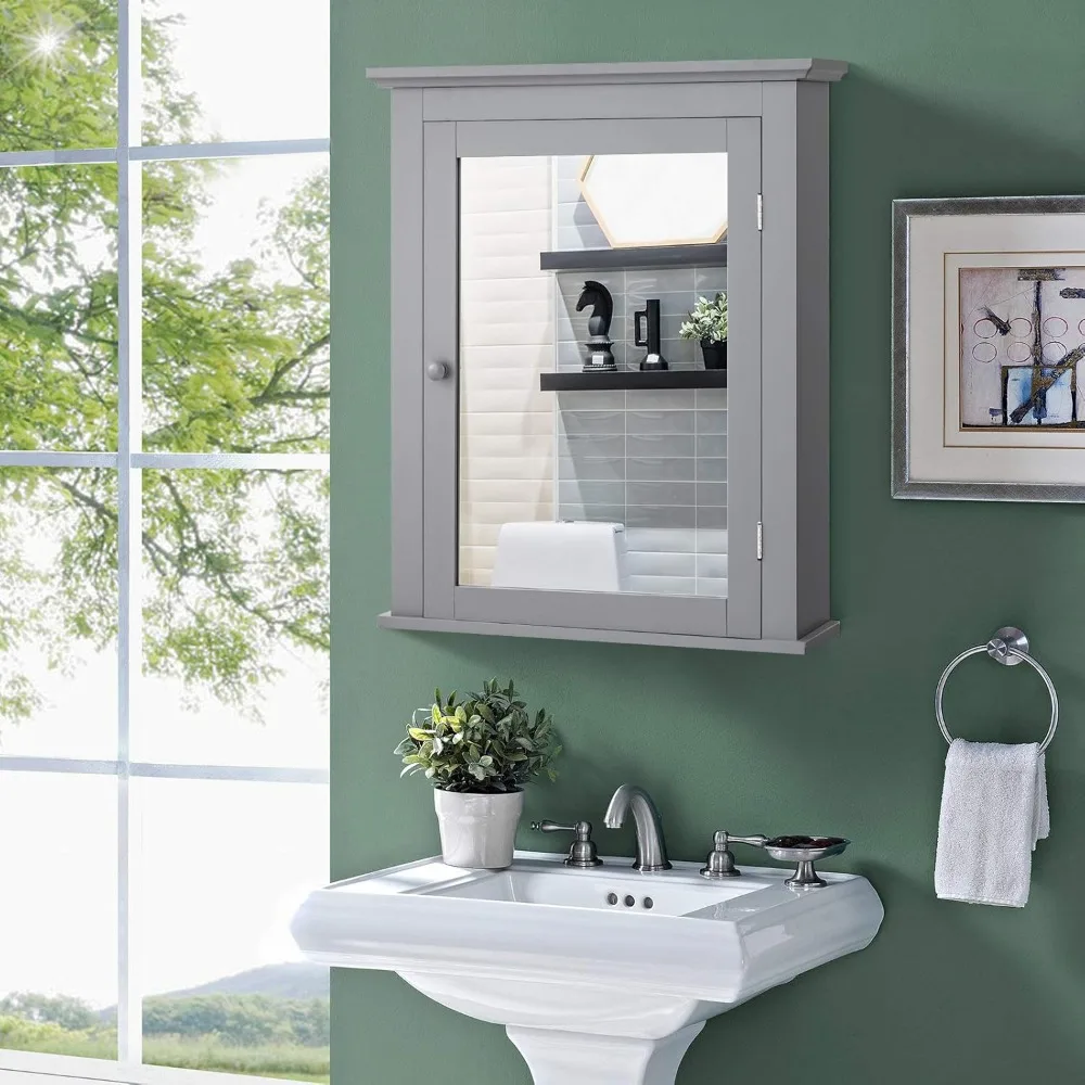 

Bathroom cabinet with mirror, mirrored wall-mounted storage cabinet with single door and adjustable shelves in 5 positions