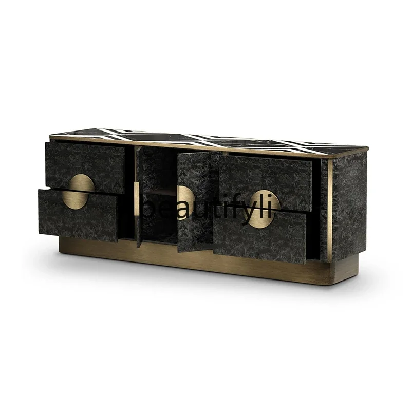 E182 Marble side cabinet against the wall integrated floor TV cabinet stainless steel advanced multi-functional   light luxury l