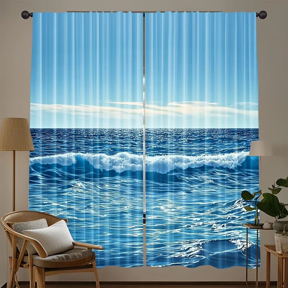 Summer Beach Ocean Sky Rod Pocket Window Curtains - Upscale Nature Room Decor for Bedroom Living Room Set of 2 Panels