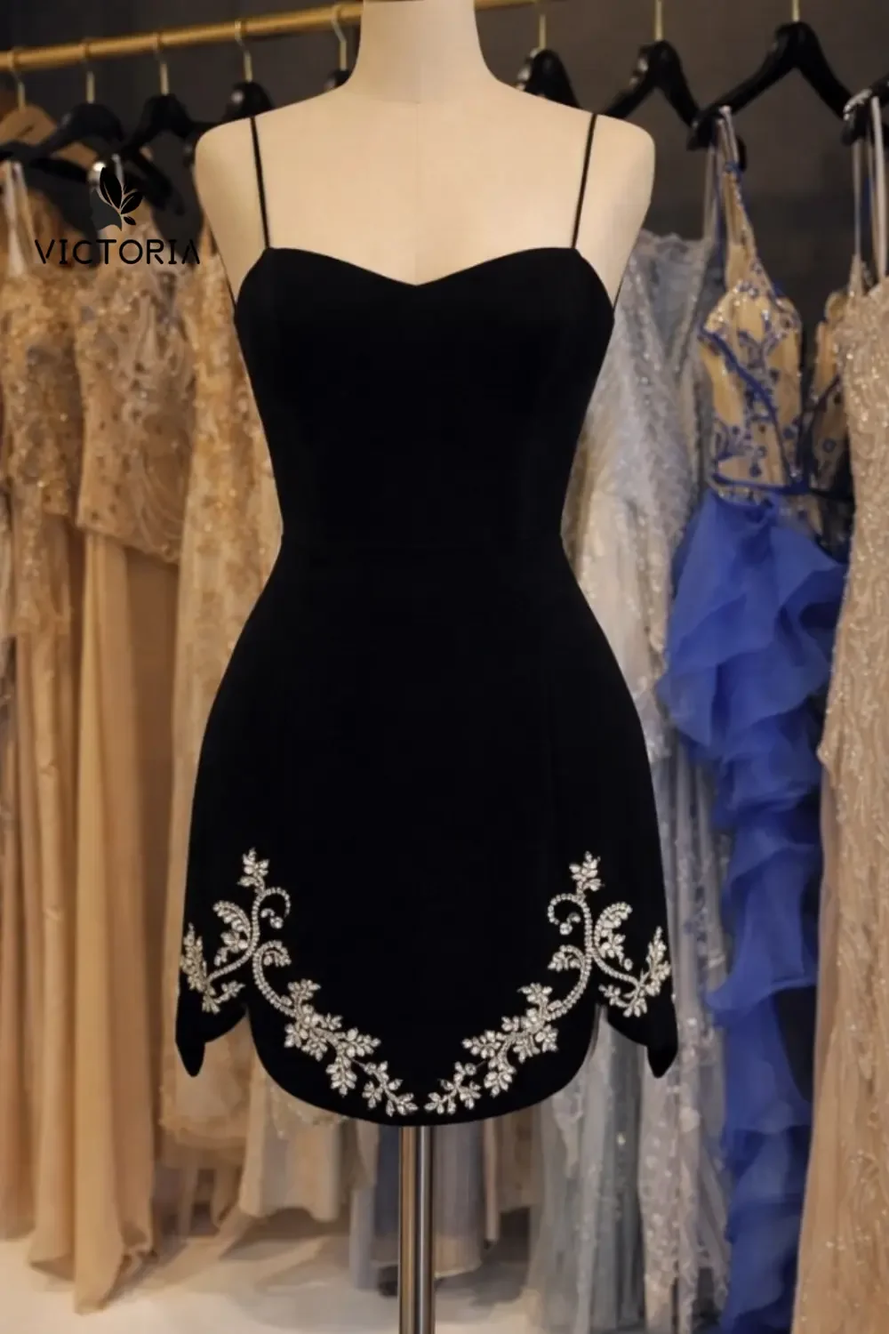 

Crystals Little Black Prom Dress Spaghetti Homecoming Dress Mini Cocktail Dress Girl Birthday Party Dress Designer Customized