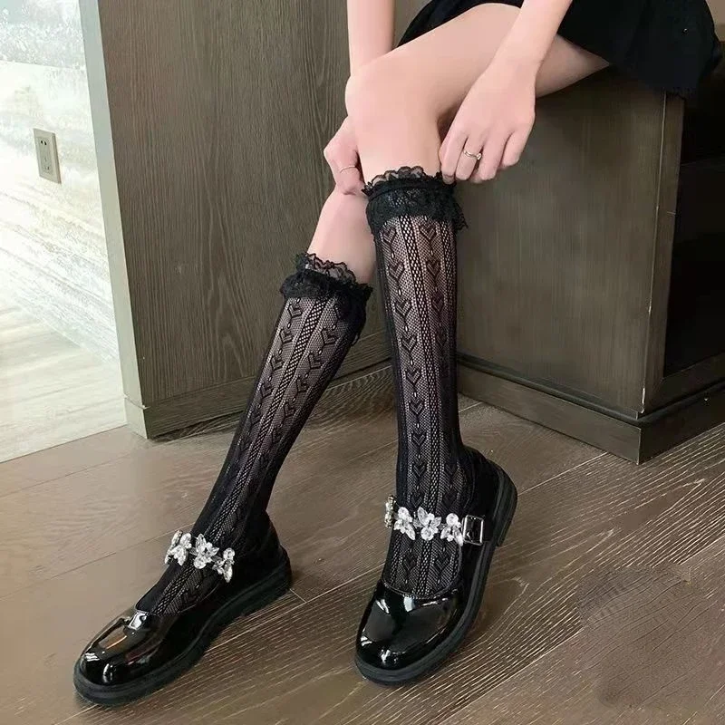 Chaussettes hautes en dentelle rayée Lolita pour femmes, chaussettes mignonnes pour filles douces, style collège japonais, bas animés de femme de chambre sexy ultra-fins, amour, 2022