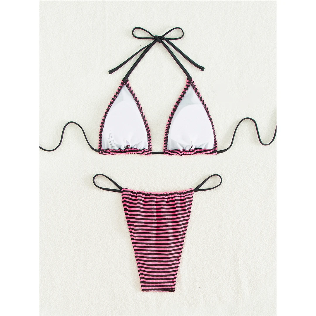 Gestreifter Neckholder-Bikini mit hohem Beinausschnitt, zweiteiliger Damen-Bikini, Badeanzug, brasilianischer Badeanzug, Badebekleidung, Schwimmbekleidung V6032 – Detail 12