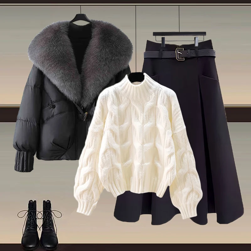 Faionable Winter T-Piece Set Maglione da donna Gonna snellente ingombrante in vita con ampio collo in pelliccia Sensazione di fascia alta