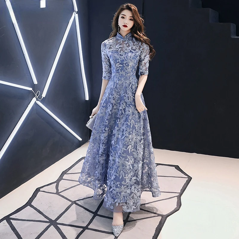 Vintage High Neck Lace Evening Gowns With Half Sleeves A-line Long Evening Dresses For Women