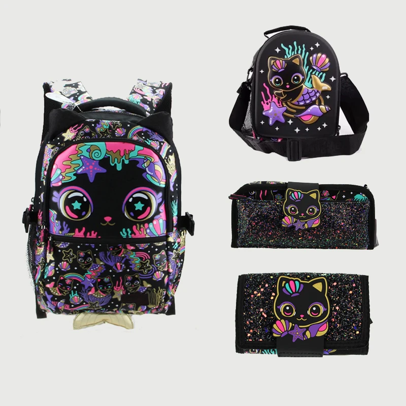 

Горячее в наличии, серия «Маленький черный кот», мультяшные периферийные школьные сумки большой вместимости, рюкзаки, сумки для еды, набор чехлов для ручек для студентов