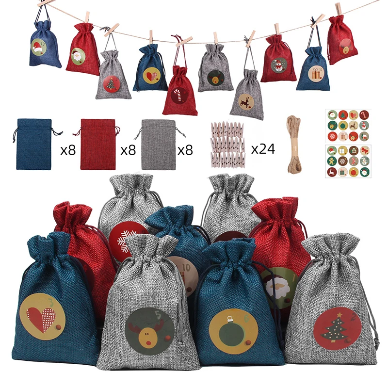 Bolsas de Navidad con cordón para guardar joyas, embalaje para guardar Dulces, galletas, calendarios, digitales, 24 piezas