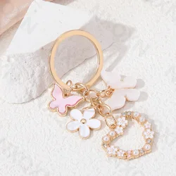 Heart Flowers Pretty Butterfly Enamel Keychain Plant Flying Insect Key Ring For Women Girl Friendship Gift Handmade Jewelry Set