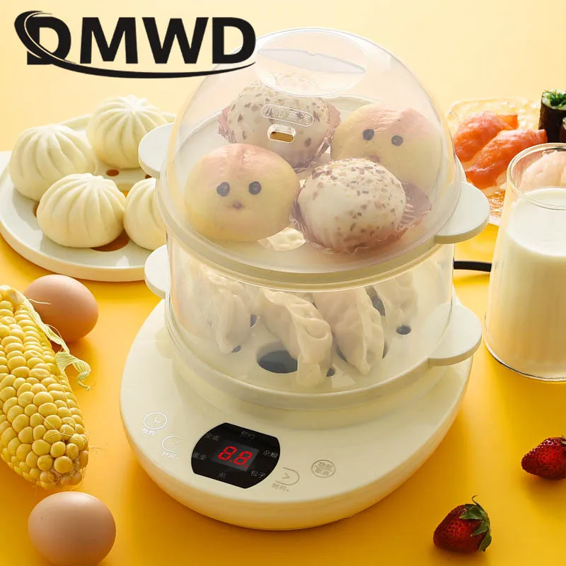 DMWD Electric Eggs Boiler 14 Egg Cooker Steamer Multifunction Cooking Frying Pan Breakfast Machine Double Layer Boiled Omelette