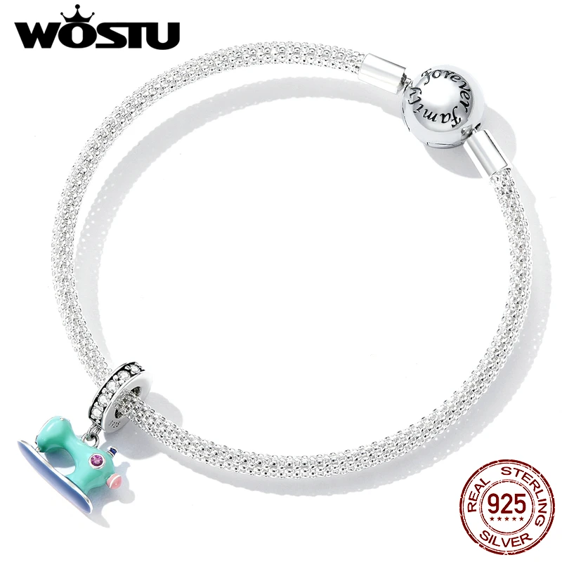 WOSTU 925 Sterling Silver Colorful Sewing Machine Charm Bead Pendant Fit Original Bracelet Necklace For Women Jewelry CQC2224