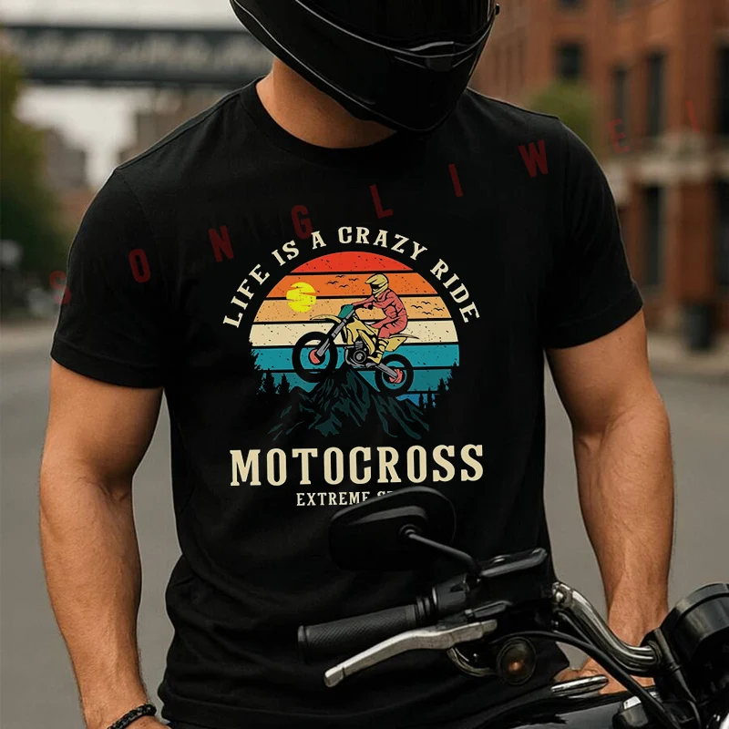 

Life Is A Crazy Ride Motocross Men's Cotton T-shirt Summer Short Sleeved Casual Round Neck Unisex Tops