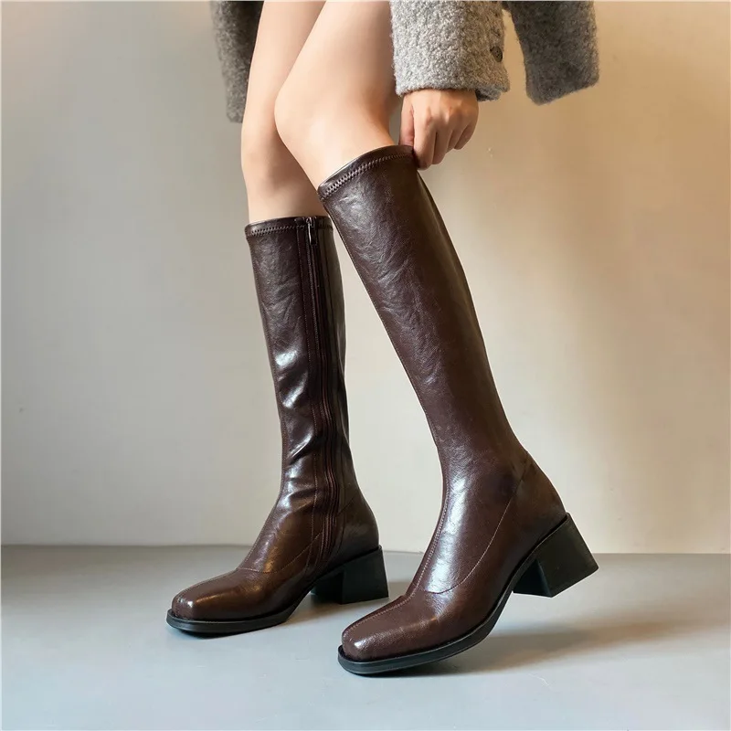 

Long boots 2026 Spring and Autumn soft leather silent bottom boots leg hugging slim square toe elastic boots for women
