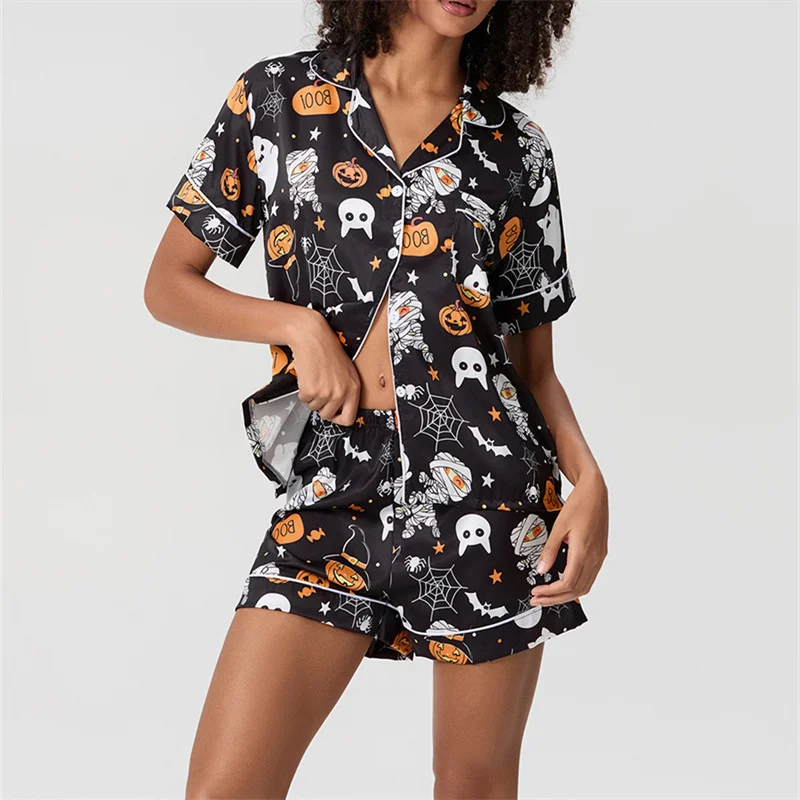 Halloween 2 Piece Pajama Set Women Ghost Pumpkin Graphic Short Pajamas Set Short Sleeve Button Top Comfy Shorts Sleepwear