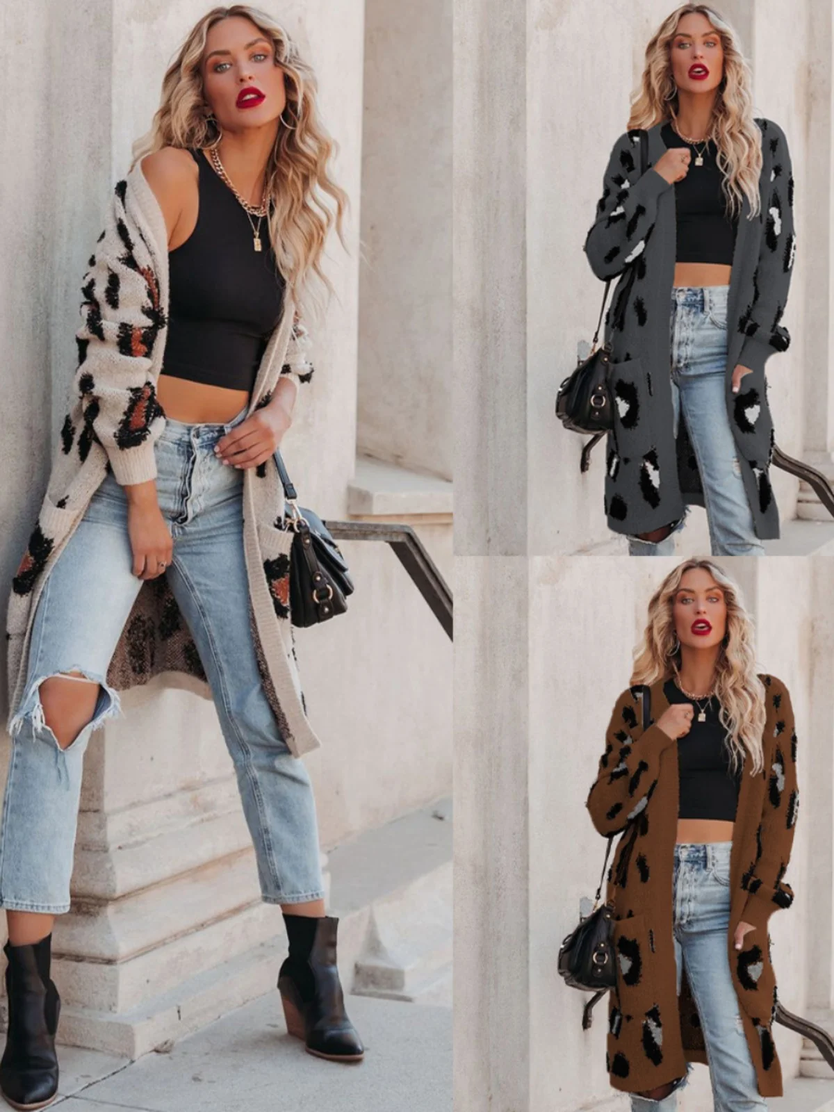 

V-Ne свободный длинный свитер Jaet женский влажный кардиган из полиэфирного волокна ng Thiened с открытой передней частью пальто