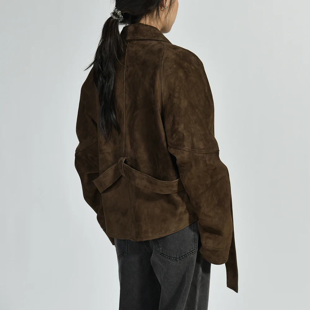 Jaxmonoy Vrouwen Schapenvacht Leren Jas Dame Echt Suède Jas Mode Blazer Jassen met Riem 2025, Herfst Winter Nieuwe Stijl